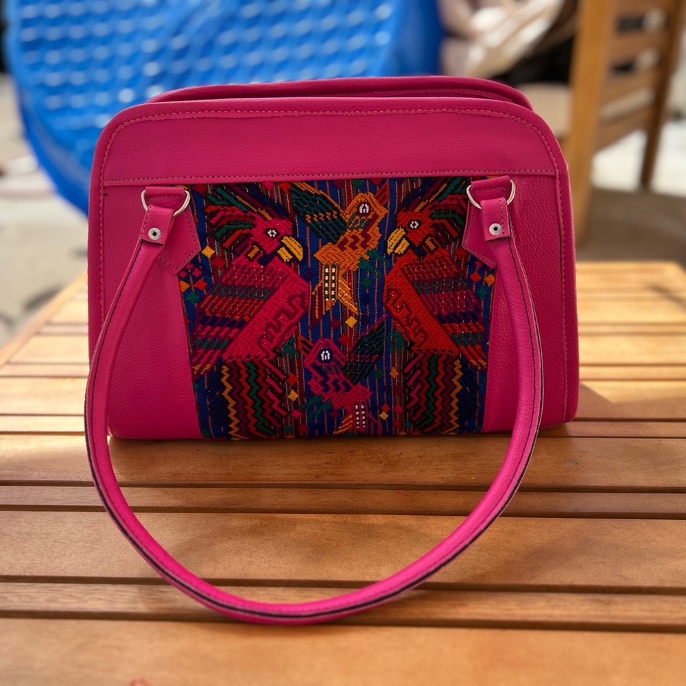Guatemalan handmade Vibrant Pink Handbag with Multicolor Pattern